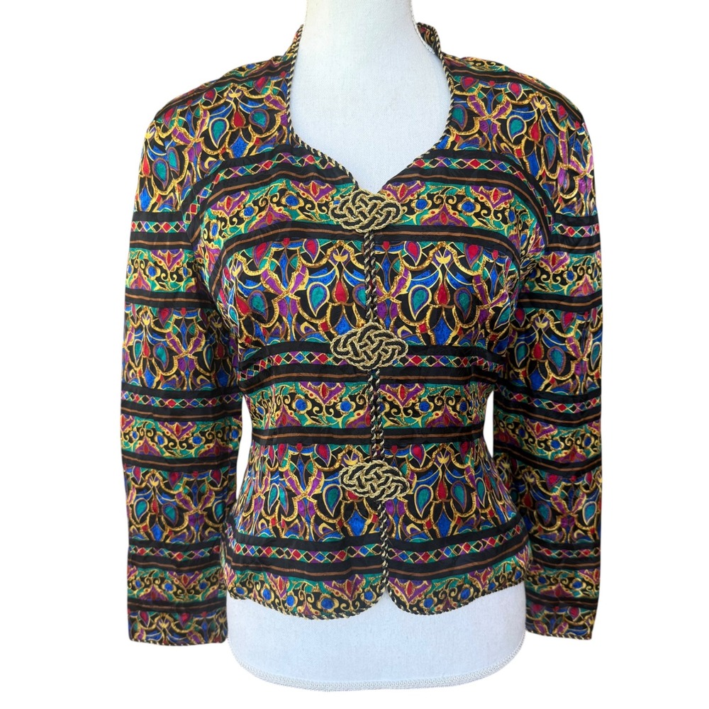 Maggy London Vintage 100% Silk Blazer Jewel Tone Paisley Frog Knot Jacket 4